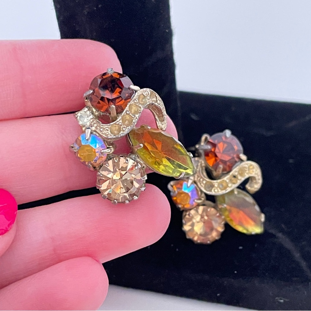 Vintage Amber Colored Rhinestone Fall Autumn Whimsical Fairy Wedding Earrings - Picture 8 of 9